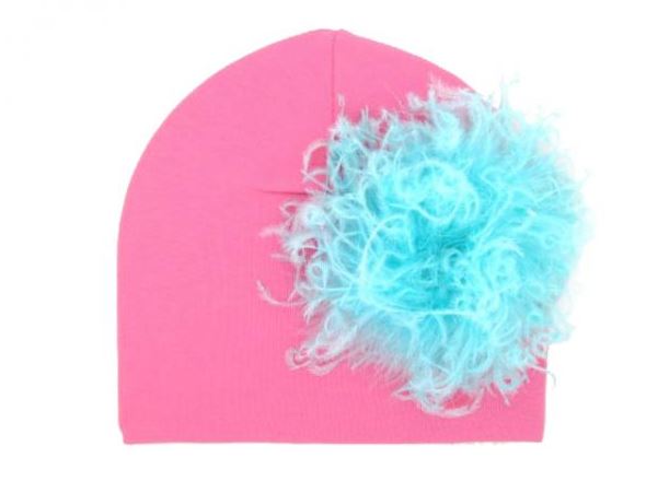 Candy Pink Cotton Hat with Teal Large Curly Marabou
