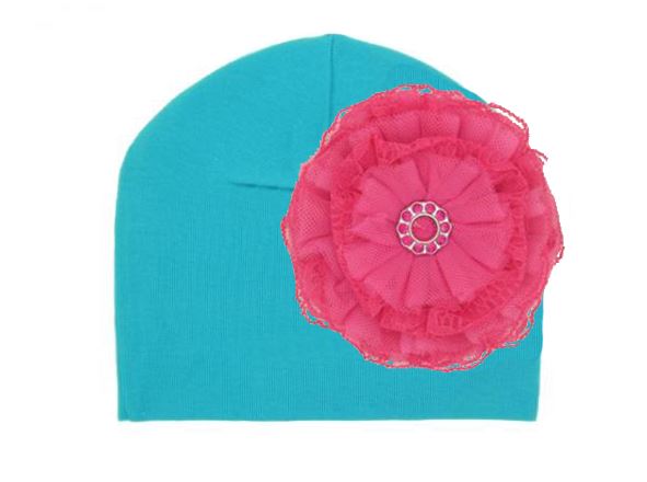Teal Cotton Hat with Raspberry Lace Rose