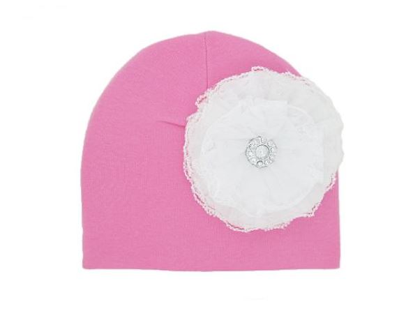 Candy Pink Cotton Hat with White Lace Rose