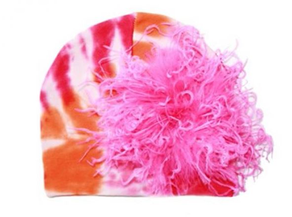 Orange Pink Tie Dye Hat with Hot Pink Large Curly Marabou