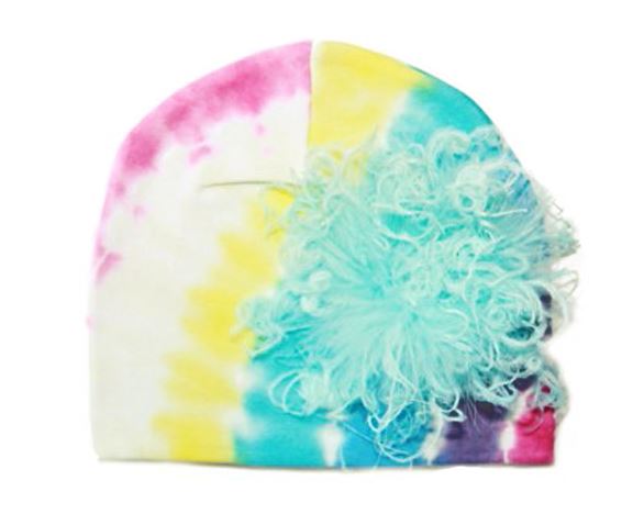 Pastel Tie Dye Hat with Teal Large Curly Marabou