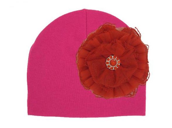 Raspberry Cotton Hat with Red Lace Rose