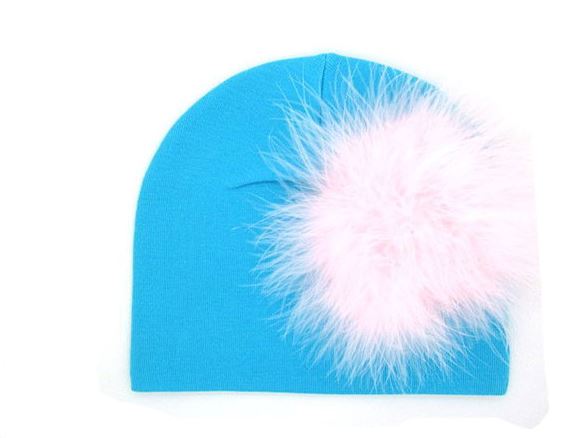 Teal Cotton Hat with Pale Pink Large regular Marabou