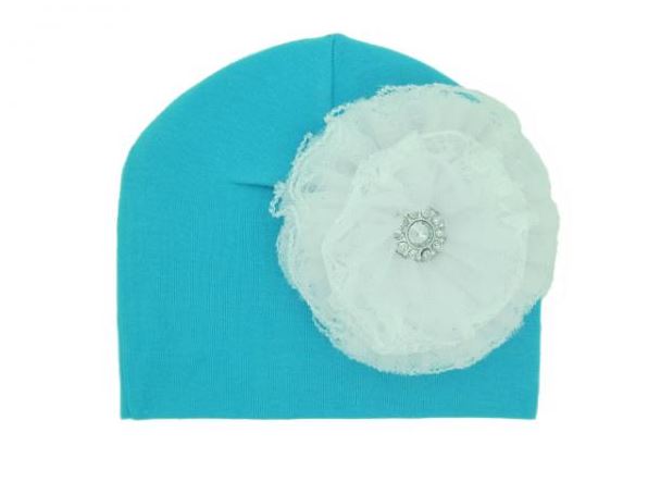 Teal Cotton Hat with White Lace Rose