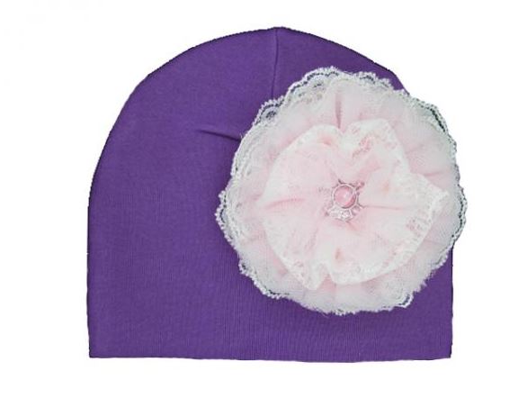 Purple Cotton Hat with Pale Pink Lace Rose