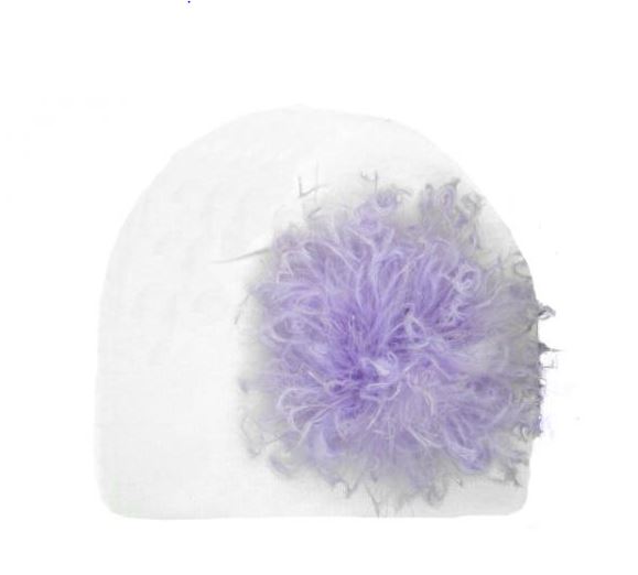 White Cotton Hat with Lavender Large Curly Marabou