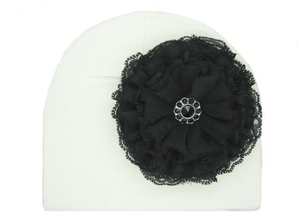 White Cotton Hat with Black Lace Rose