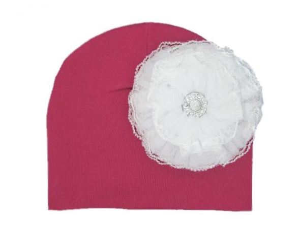 Raspberry Cotton Hat with White Lace Rose