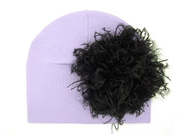 Lavender Cotton Hat with Black Large Curly Marabou
