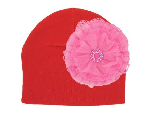 Red Cotton Hat with Candy Pink Lace Rose
