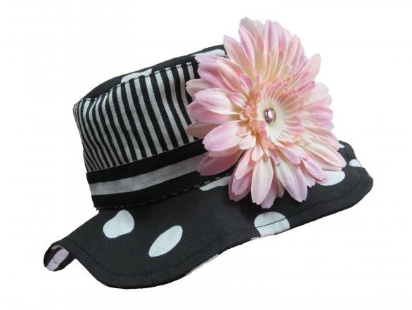 Black White Dot Sun Hat with Pale Pink Daisy