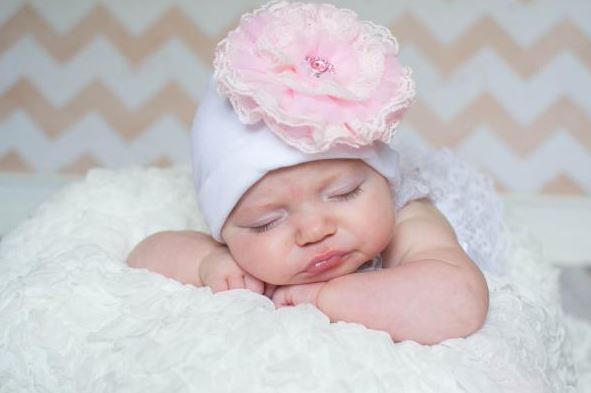 White Cotton Hat with Pale Pink Lace Rose