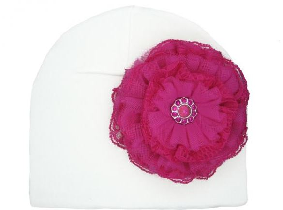 White Cotton Hat with Raspberry Lace Rose