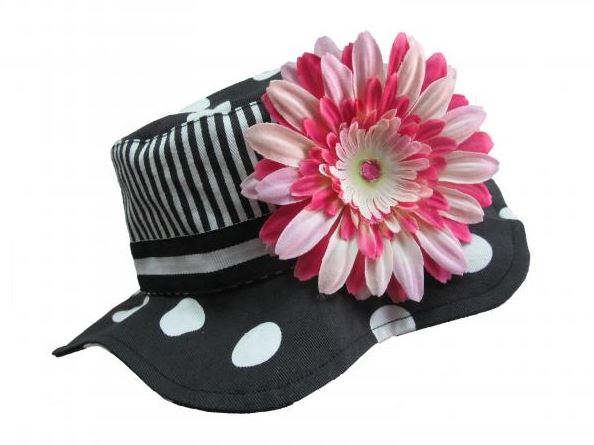 Black White Dot Sun Hat with Pink Raspberry Daisy