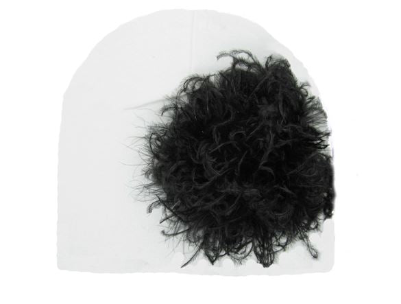 White Cotton Hat with Black Large Curly Marabou
